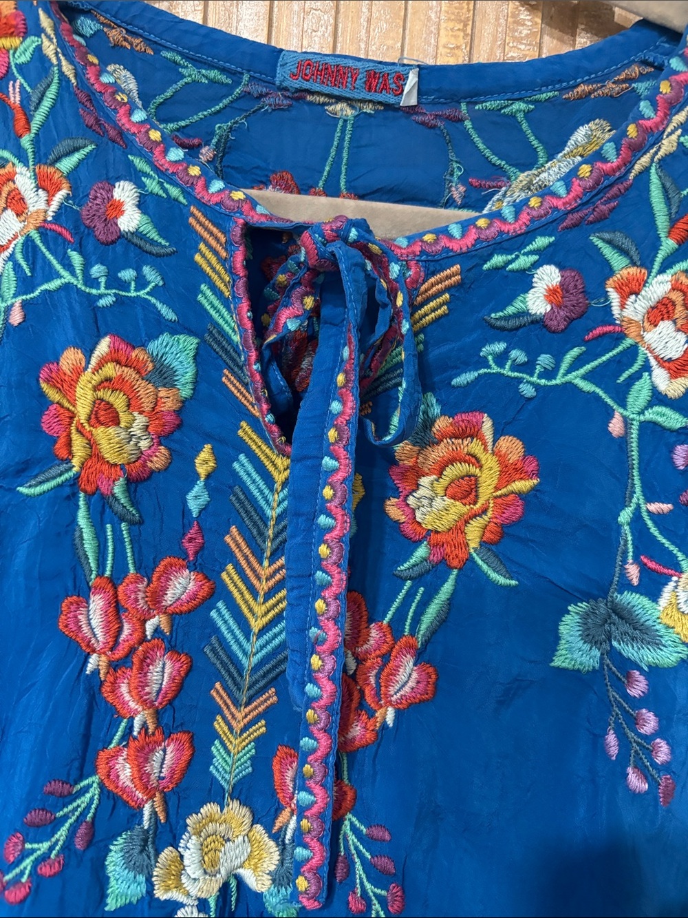 Johnny Was Vibrant Blue Embroidered Floral Peasant Tunic